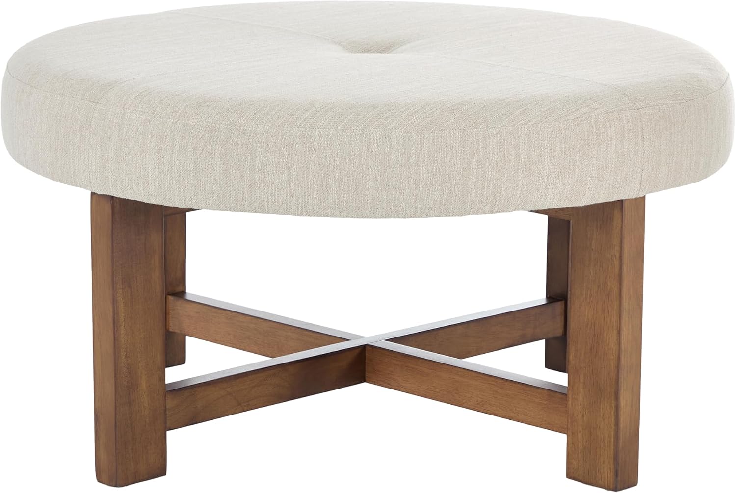 Christopher Knight Home Ladin Modern Round Ottoman Coffee Table, Fabric Upholstered Cocktail Ottoman for Living Room Sofa, Entryway Comfortable Footstool, Wooden Ottoman Foot Rest, Beige+Brown