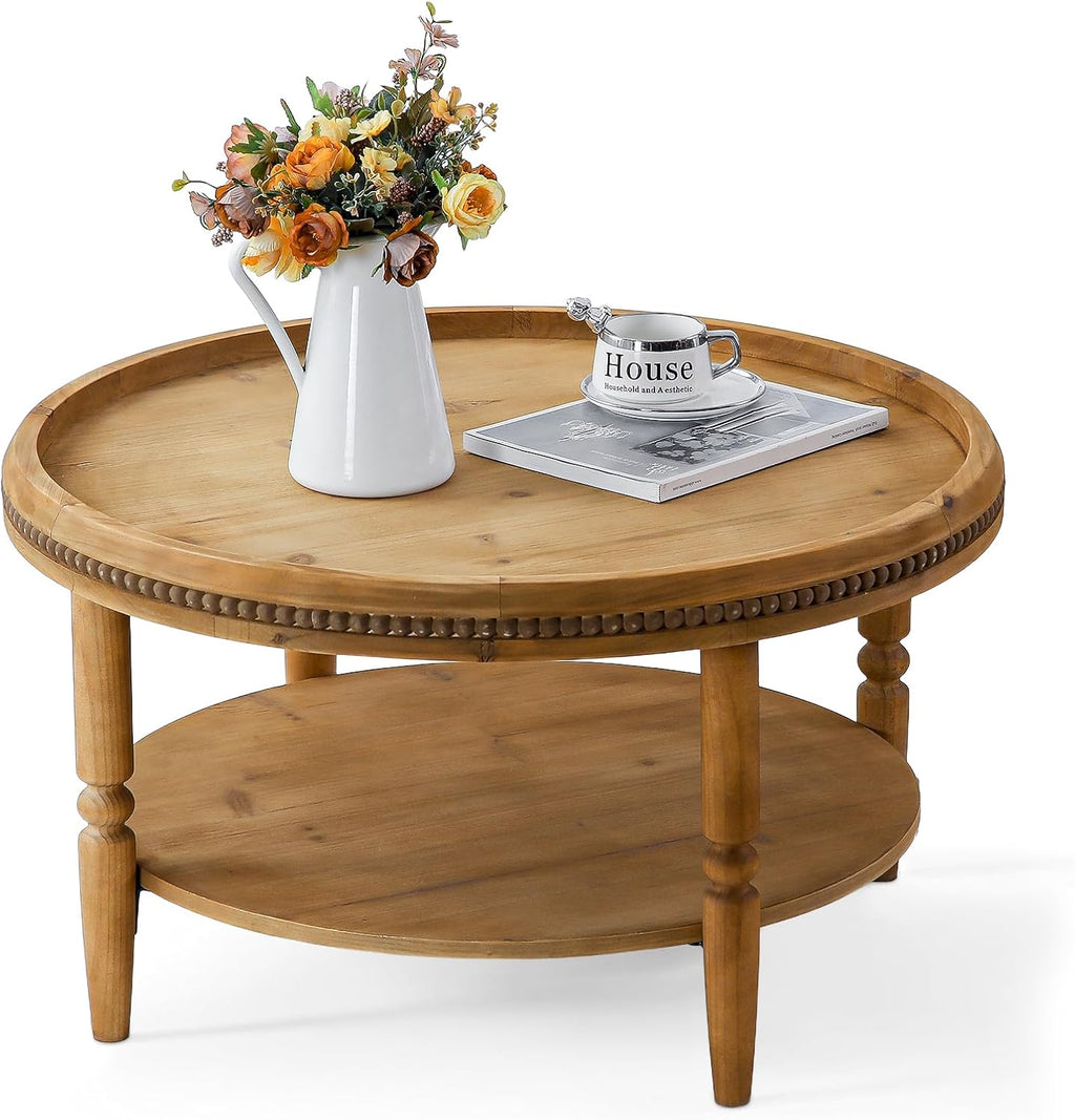 31.3'' Round Boho Coffee Table for Living Room, Modern Countryside Farmhouse Rustic Wood 2-Tier Coffee Table, Walnut Brown