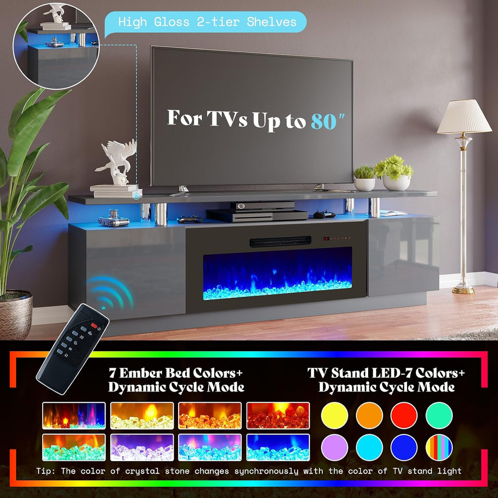 AMERLIFE 3 Piece Modern Living Room Table Set, Includes 70' High Gloss Fireplace TV Stand, 2-Tier Coffee Table, LED Lights Entertainment Center Set for Living Room, Grey