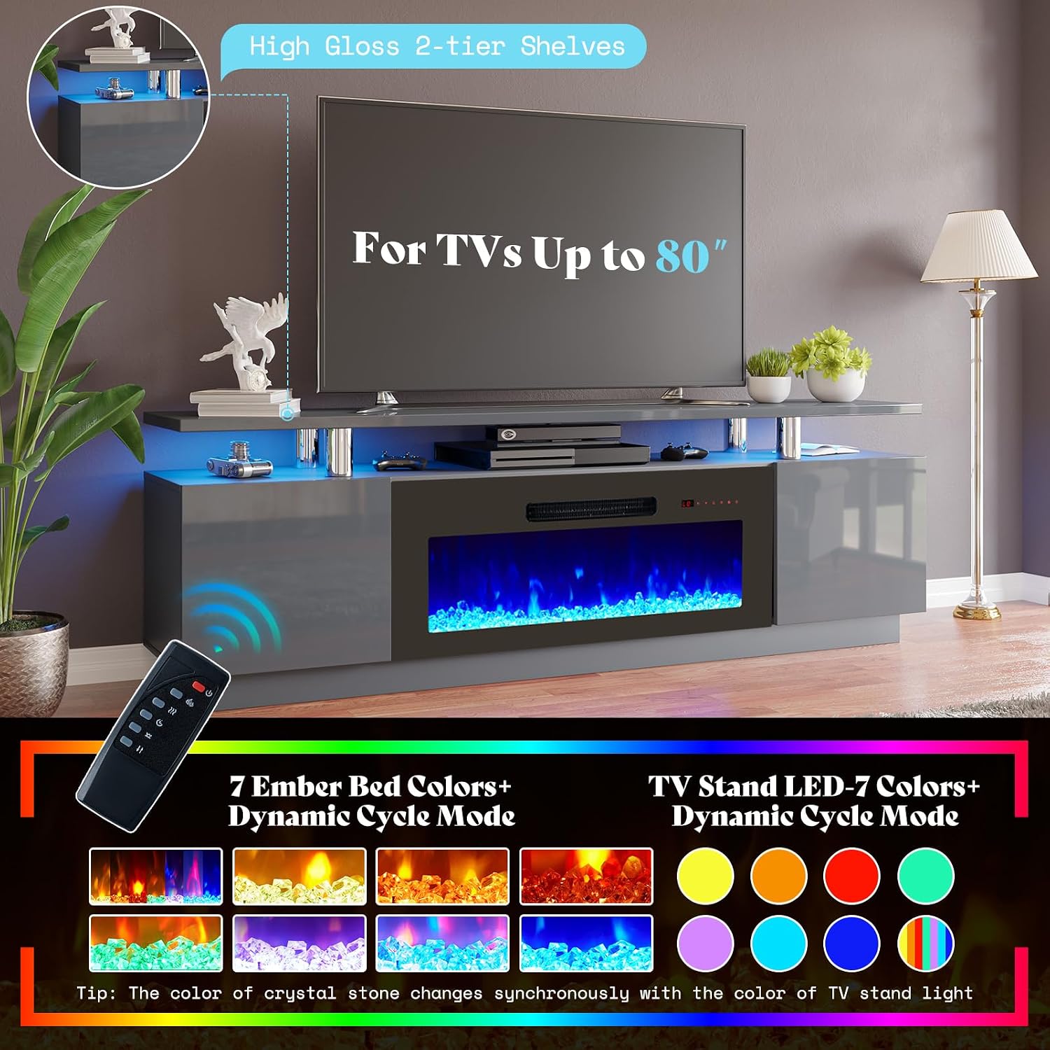 AMERLIFE 3 Piece Modern Living Room Table Set, Includes 70' High Gloss Fireplace TV Stand, 2-Tier Coffee Table, LED Lights Entertainment Center Set for Living Room, Grey