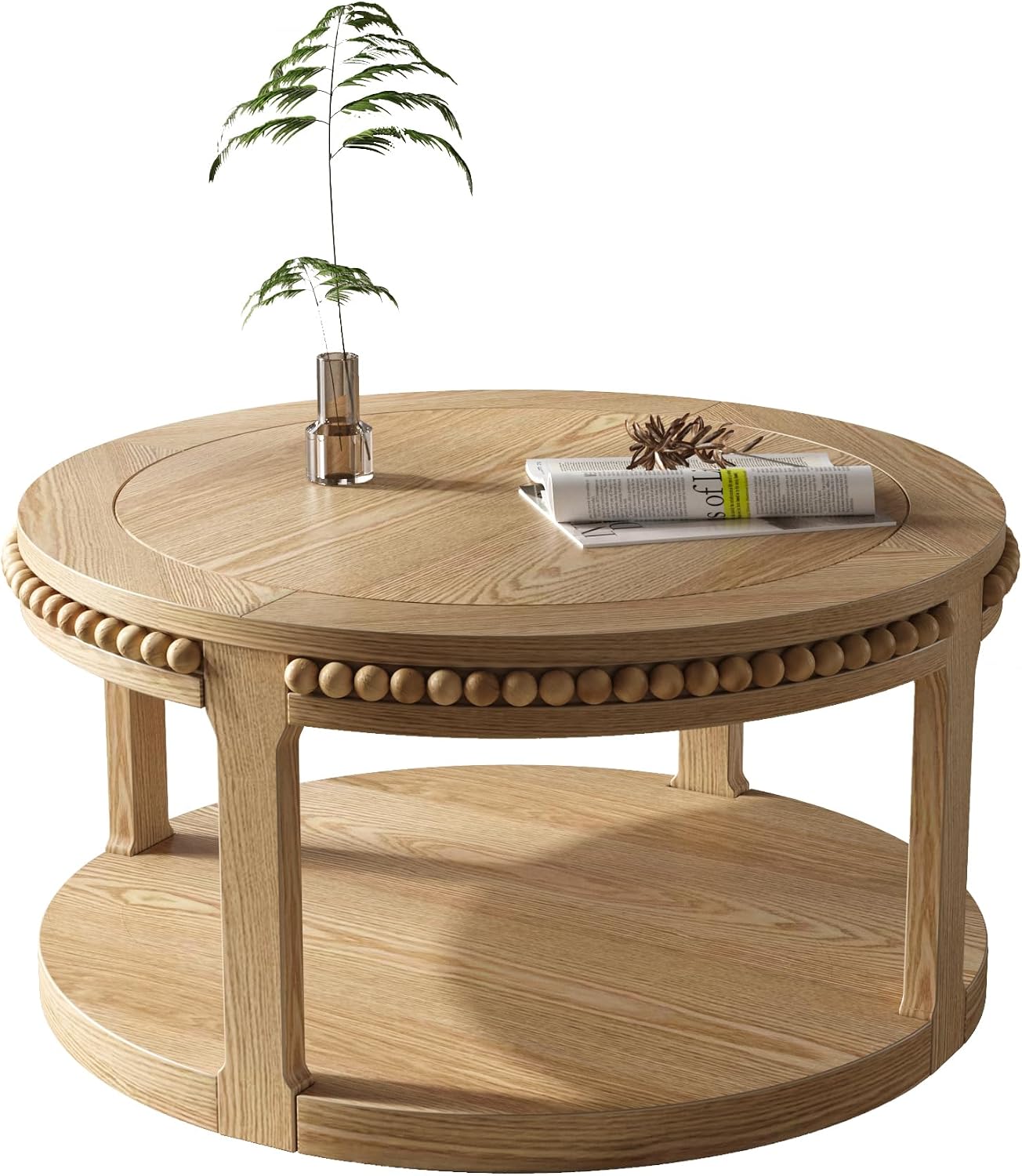 31.5'' Round Coffee Table, 2-Tier Modern Rustic Wood Circle Coffee Table for Living Room, Easy Assembly, Natural