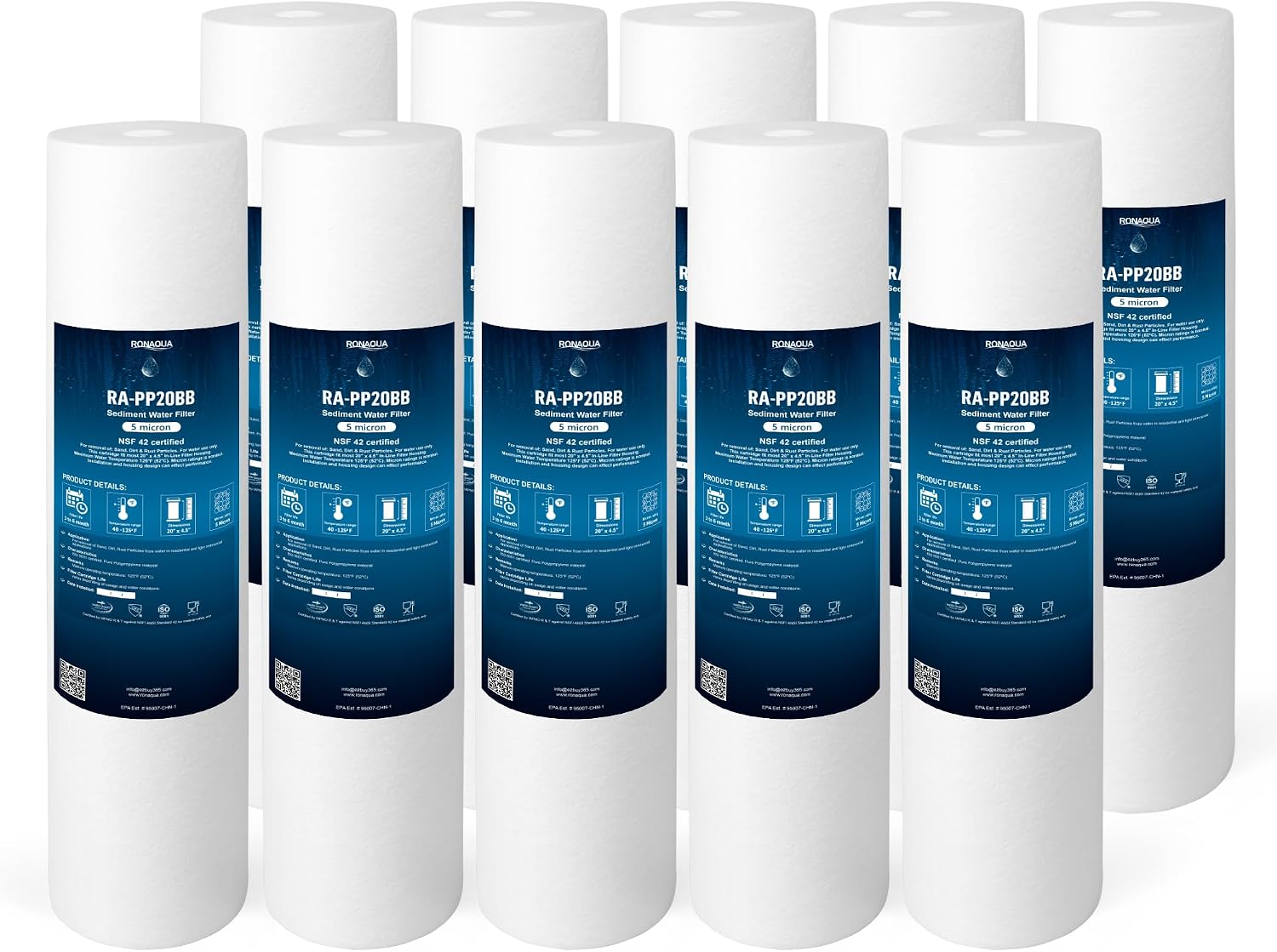 Ronaqua 20' x 4.5' Big Sediment Replacement Water Filter Cartridge, 5 Micron, NSF Certified, for Whole House, Compatible with 155358-43, 2PP20BB1M, AP810-2, FPMB-BB5-20, P5-20BB, SDC-45-2005, 10 Pack)