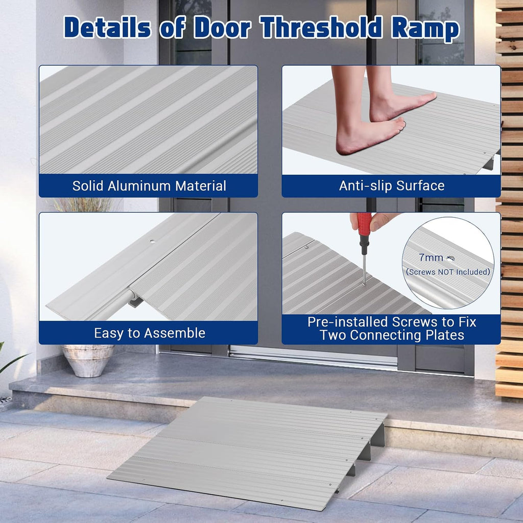 Aluminum Threshold Ramp for Doorways – 4' Rise, 700LB/320kg Capacity, Heavy Duty, Adjustable Metal Entry Ramp for Wheelchairs, Mobility Scooters, Bikes, Strollers – Home Steps – Threshold