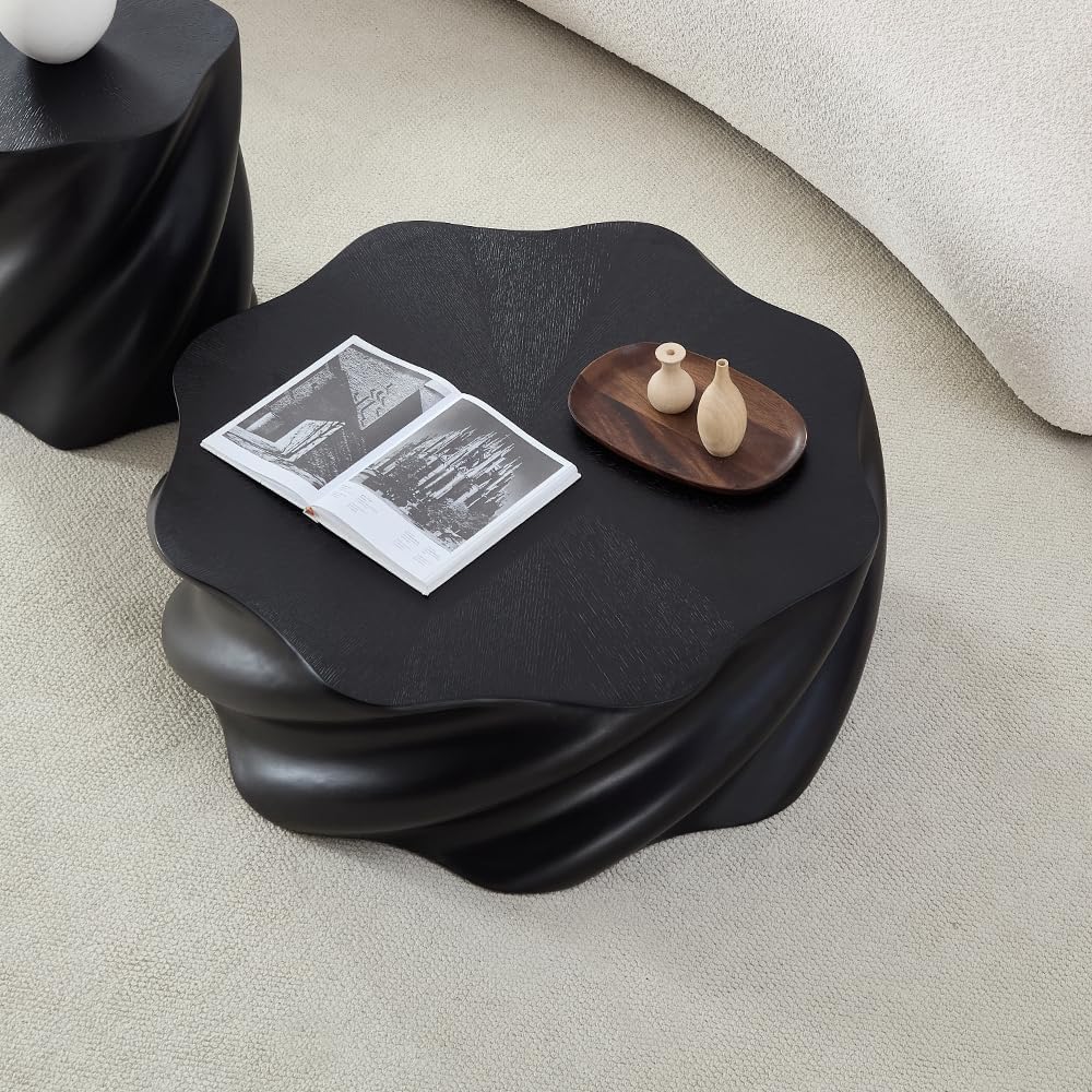 WILLIAMSPACE 35.43' Coffee Table with Flower Shaped, Modern Drum Center Table Fiberglass Faux Stone Tea Table for Living Room Apartment, No Assembly (Black)