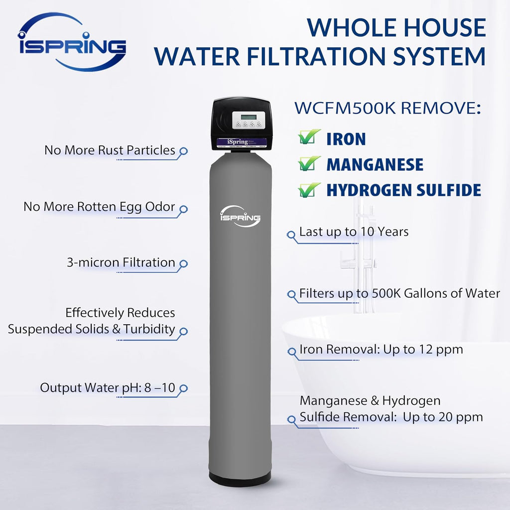 iSpring WCFM500K Whole House Water Filtration System for Iron, Manganese & Hydrogen Sulfide Removal, Well Water Compatible, Set & Forget, Lasts up to 10 Years