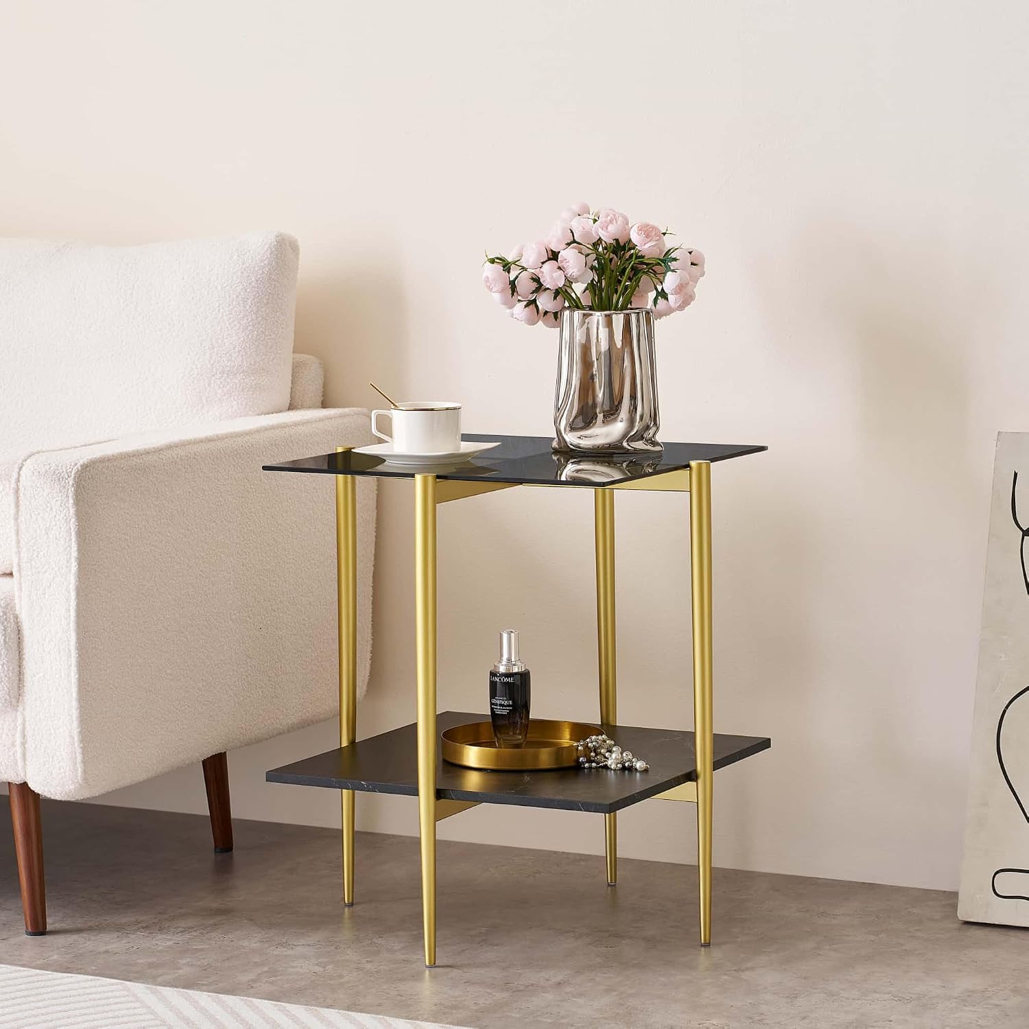 LumFurn Glass End Table, Mid-Century Modern Design Sofa Table, for Living Room, L18 x W18 x H23 in, Clear Glass Top and Walnut MDF Shelf, Sleek Conical Metal Legs with Gold Finish Frame