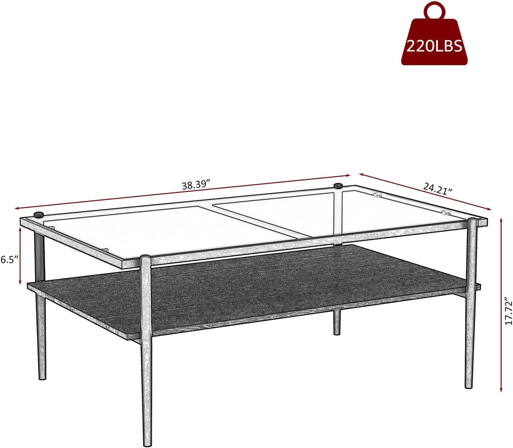 ODUSE-DAILY Coffee Table and End Table 3 Piece Living Room Set, Black Metal Frame Glass Top End Tables, Square Top Shelf, Sofa or Couch Side Tables, Mesa de Centro para Sala (3 Pcs)