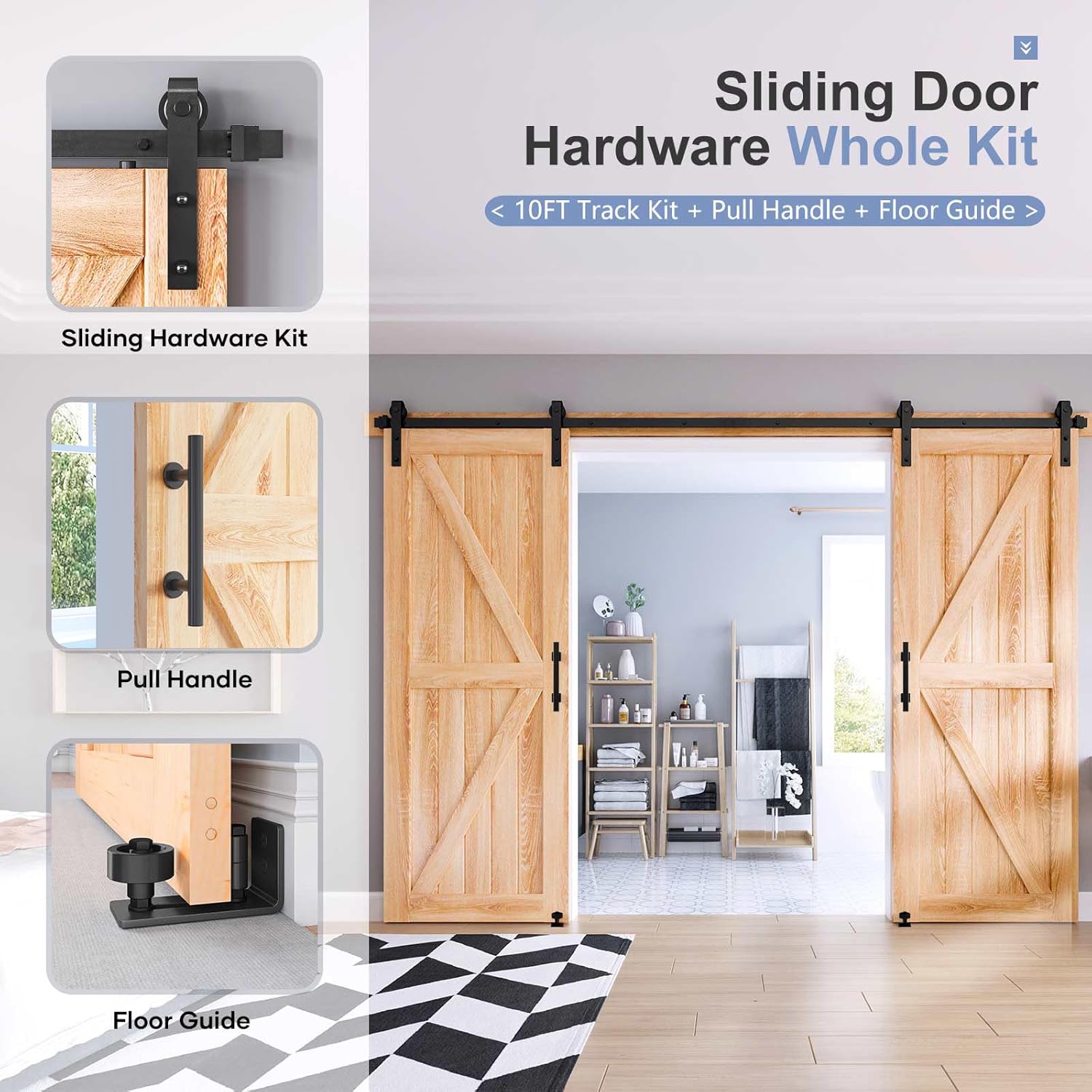 EaseLife 12 FT Double Sliding Barn Door Track and Handle Hardware Kit,Basic J Pulley,Slide Smoothly Quietly,Easy Install (12FT Track Kit for 33'~36' Wide Double Door)