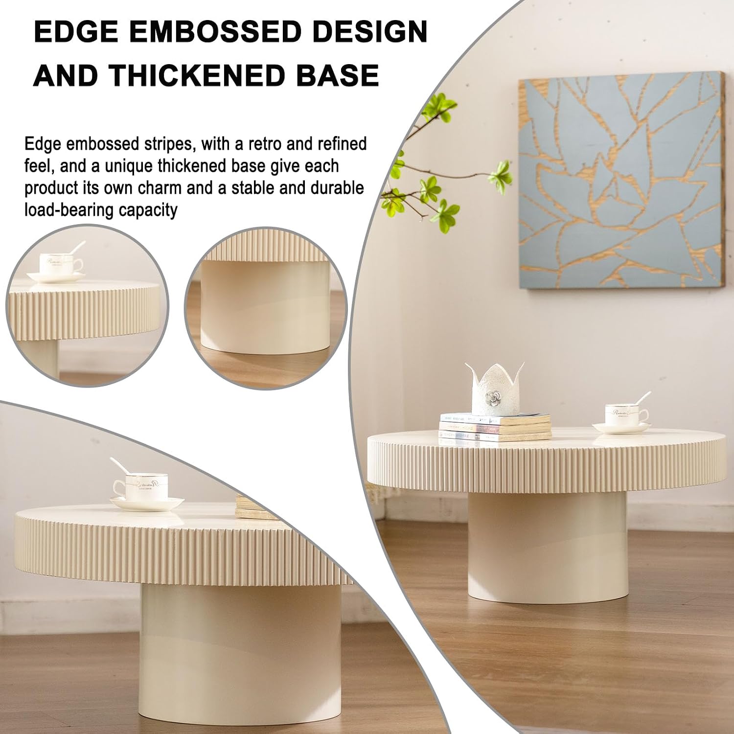 Round Coffee Table, Handcrafted Fluted Drum Coffee Tables Modern Wood Coffee Table Circle Drum Center Table for Living Room, Apartment (White Thin)