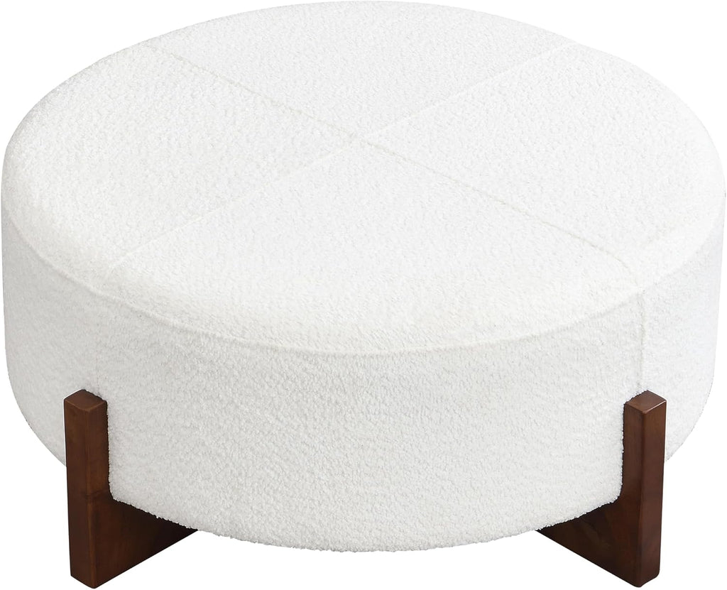 Christopher Knight Home Holmes Modern Boulce Upholstered Ottoman Coffee Table, Wooden Round Cocktail Ottoman, Large Living Room Sofa Footstool/Footrest, White+Walnut