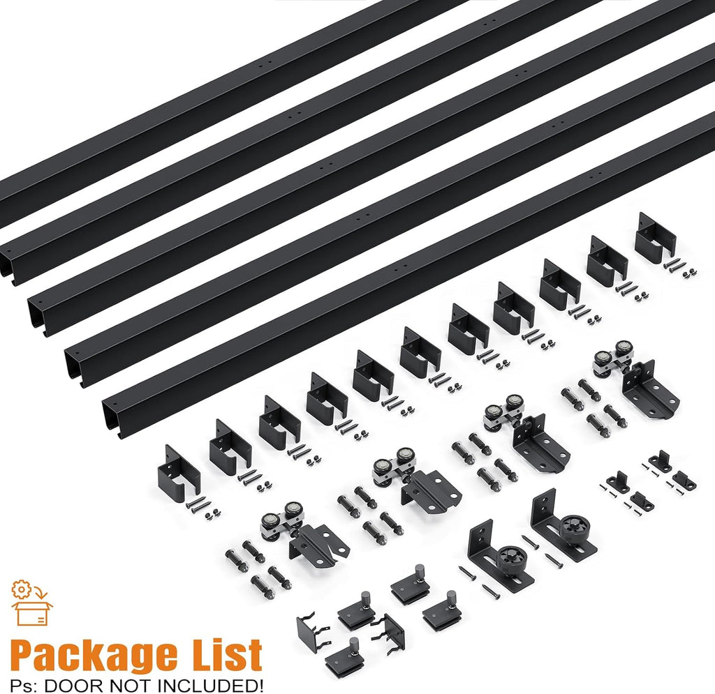 Easelife 20FT Exterior Sliding Barn Door Hardware Kit, Box Rail Track, 450lb Capacity, Black Weather-Resistant Steel, Wall Mount System for Outdoor Use, Fit Double 60in Door