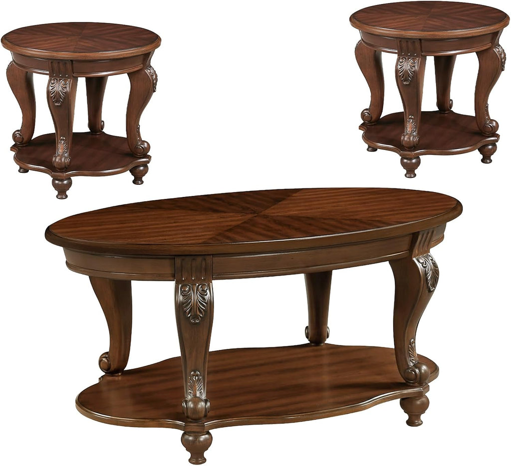Wood Coffee Table Set for Living Room Round End Tables Set of 2, Antique Coffe Table Legs with Elegant Carvings, Cherry