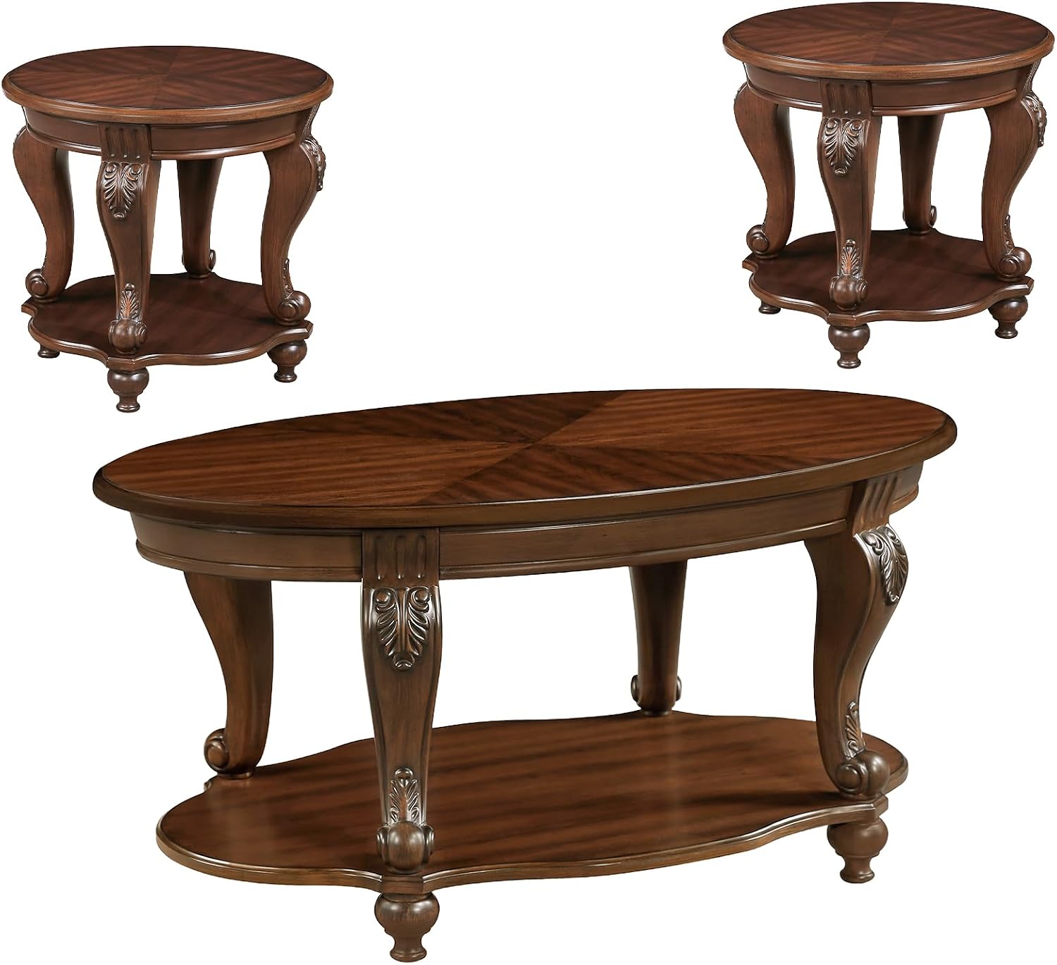 Wood Coffee Table Set for Living Room Round End Tables Set of 2, Antique Coffe Table Legs with Elegant Carvings, Cherry