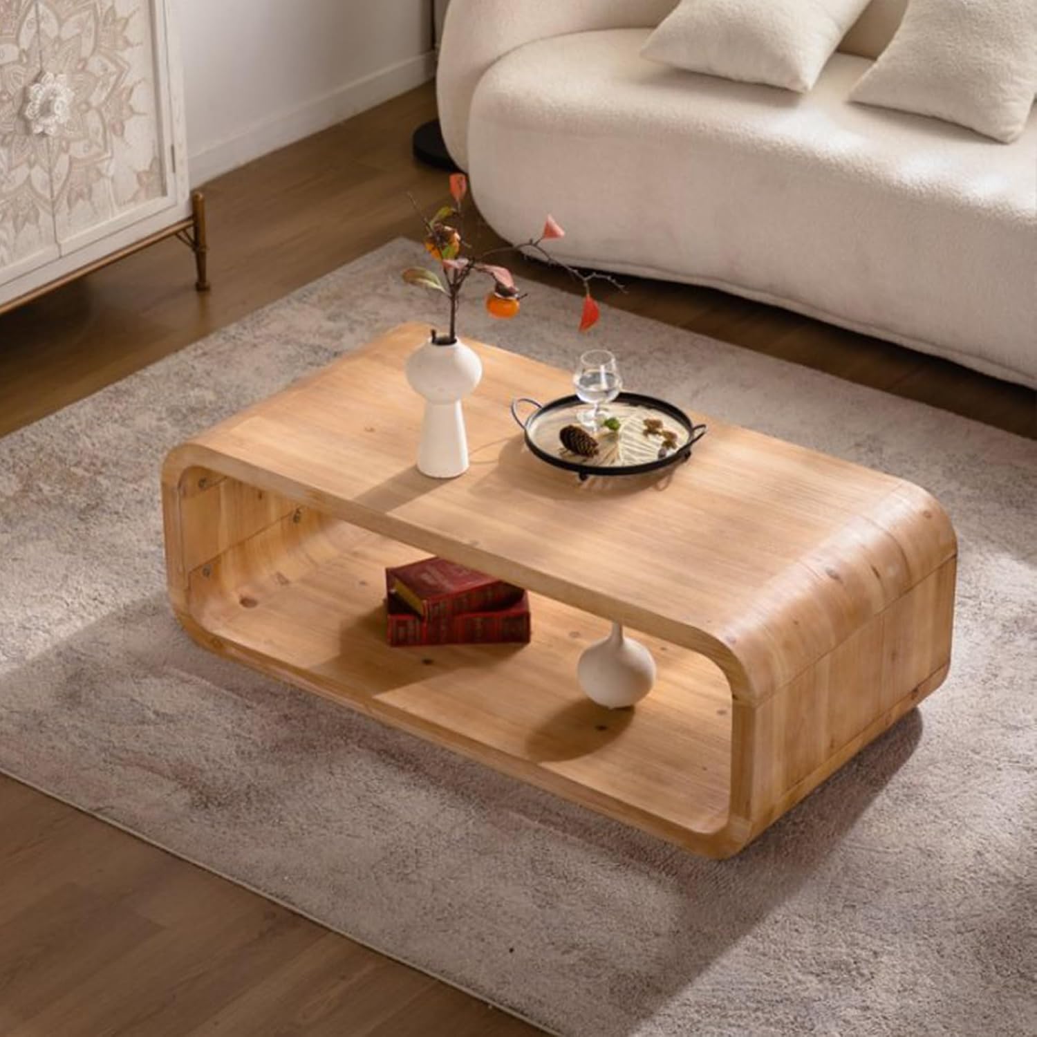 47.24' Rectangle Coffee Table for Living Room Curved Burl Wood Coffee Table Farmhouse Rustic Vintage Wooden Center Table for Apartment Oak