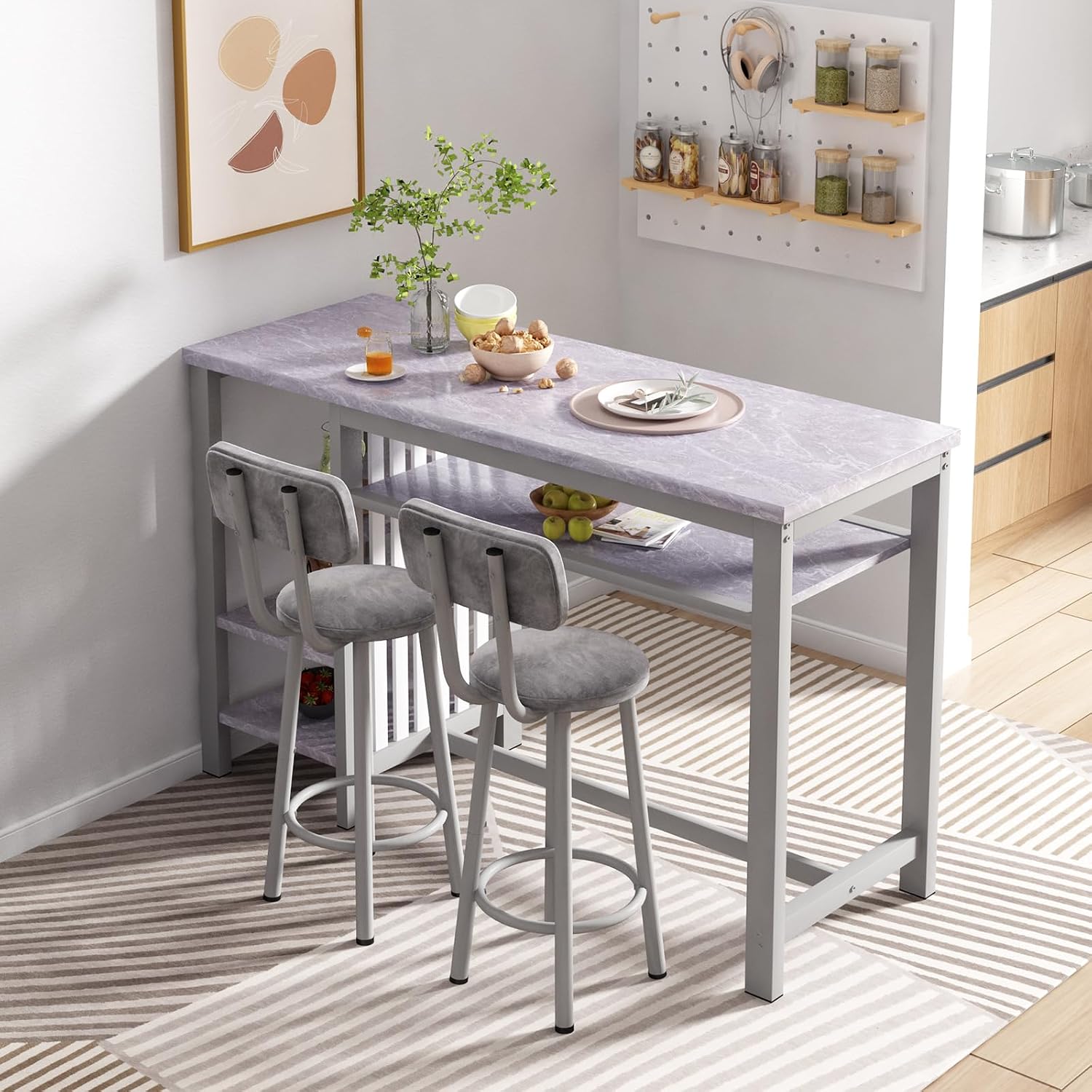 AWQM 3-Piece Bar Table and Chairs Set, Modern Glay Table with 2 PU Cushion Bar Stools, Kitchen Counter with 3 Tier Storage Shelves, Space Saving Table for Home & Kitchen, Black Frame