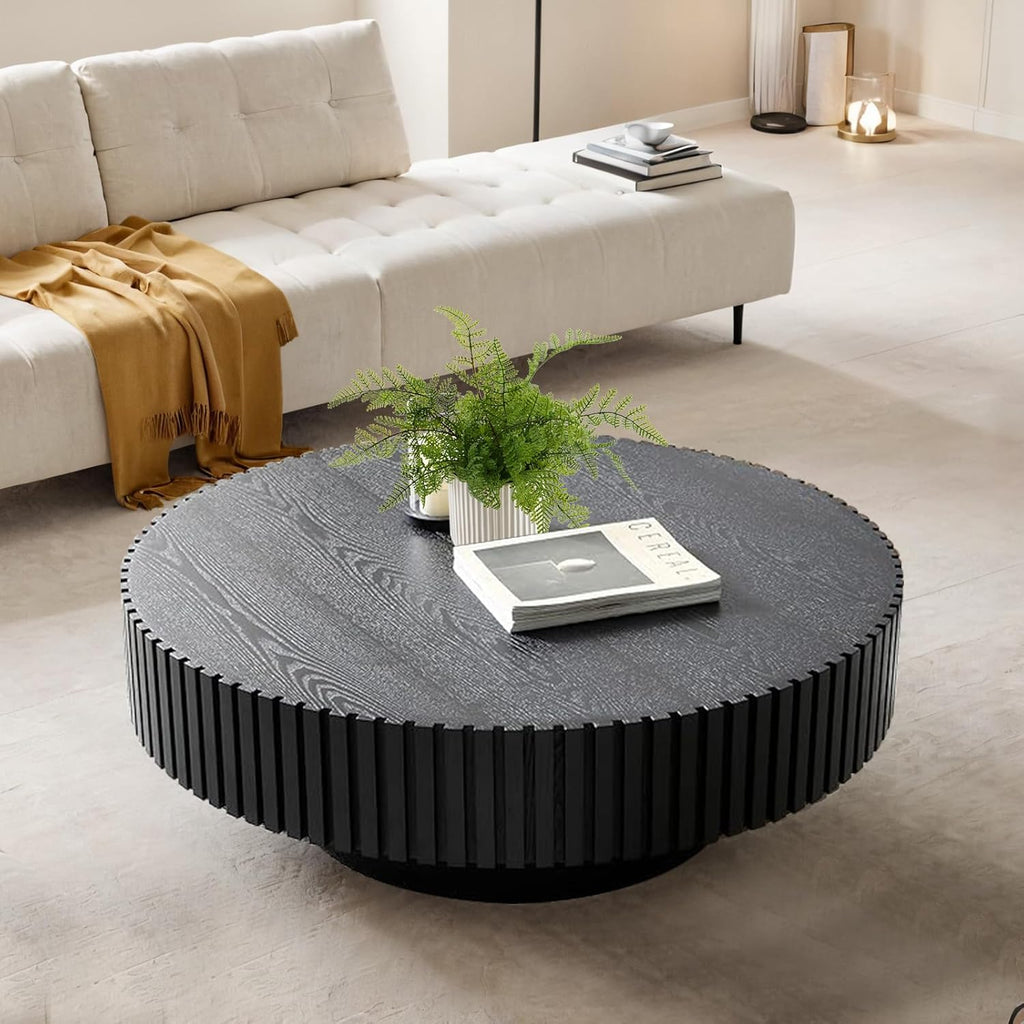 Round Coffee Table, Handcrafted Fluted Drum Coffee Tables Modern Wood Coffee Table Circle Drum Center Table for Living Room, Apartment (Round Black)