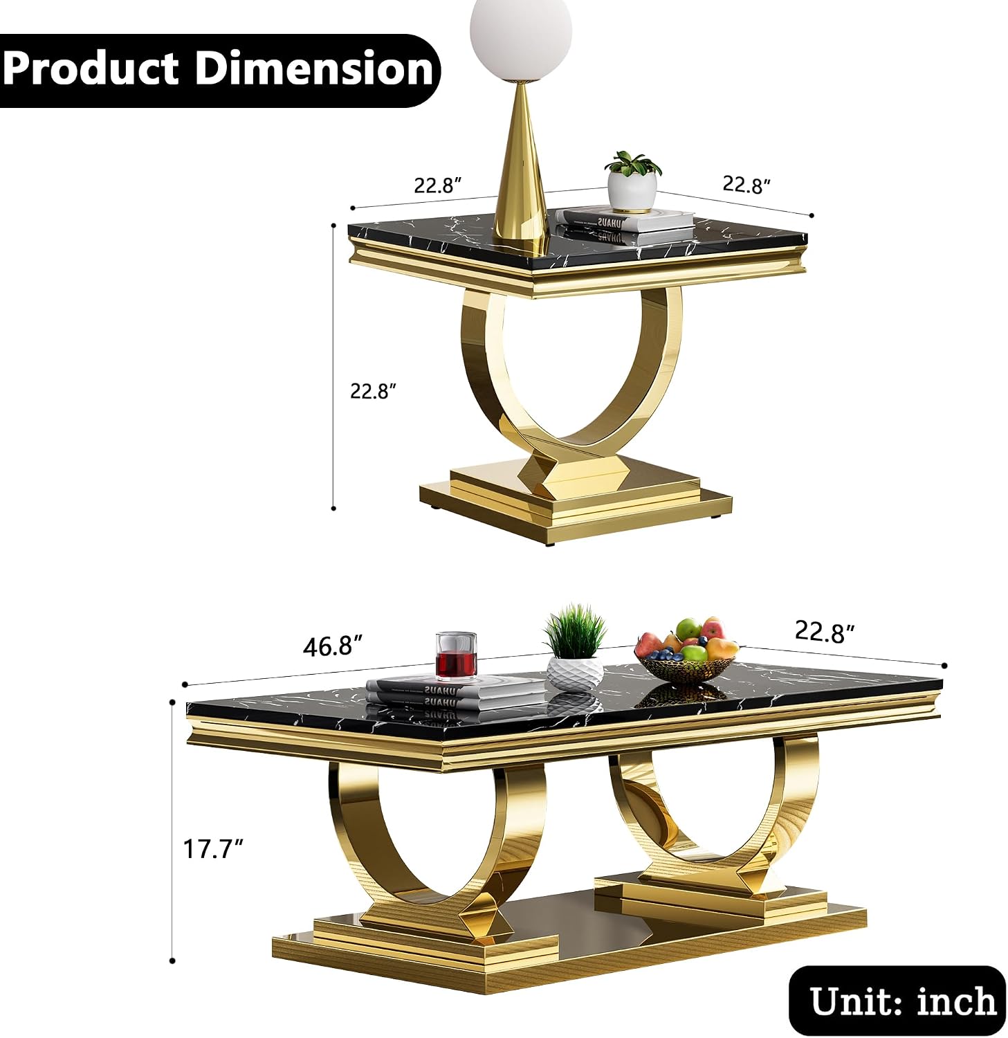 Coffee Tables Set of 2 for Living Room, Marble Coffee Table and End Table Set, Black Faux Marble Top&Gold O-Shape Stainless Steel Base, 2 Pieces Living Room Table Sets for Apartment Office