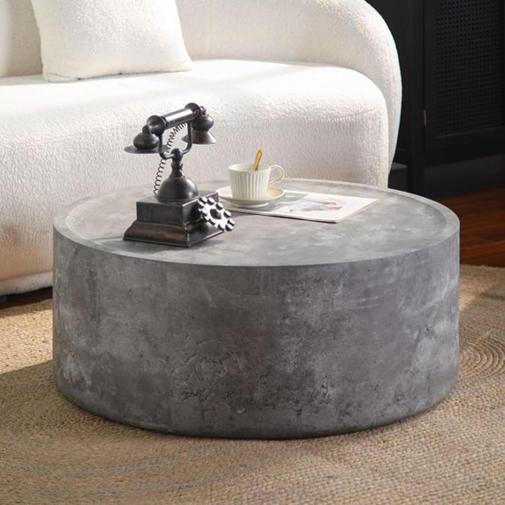 Modern Drum Coffee Table Faux Stone Finish Wood Coffee Tables Concrete Gray Round Center Table for Living Room Home Office,39.3'- Fully Assembled