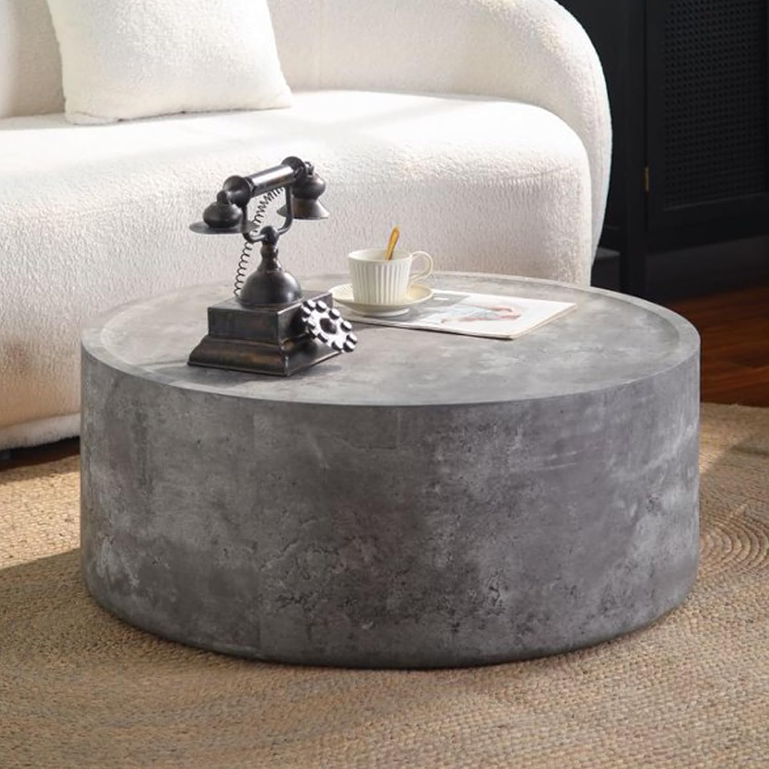 Modern Drum Coffee Table Faux Stone Finish Wood Coffee Tables Concrete Gray Round Center Table for Living Room Home Office,39.3'- Fully Assembled