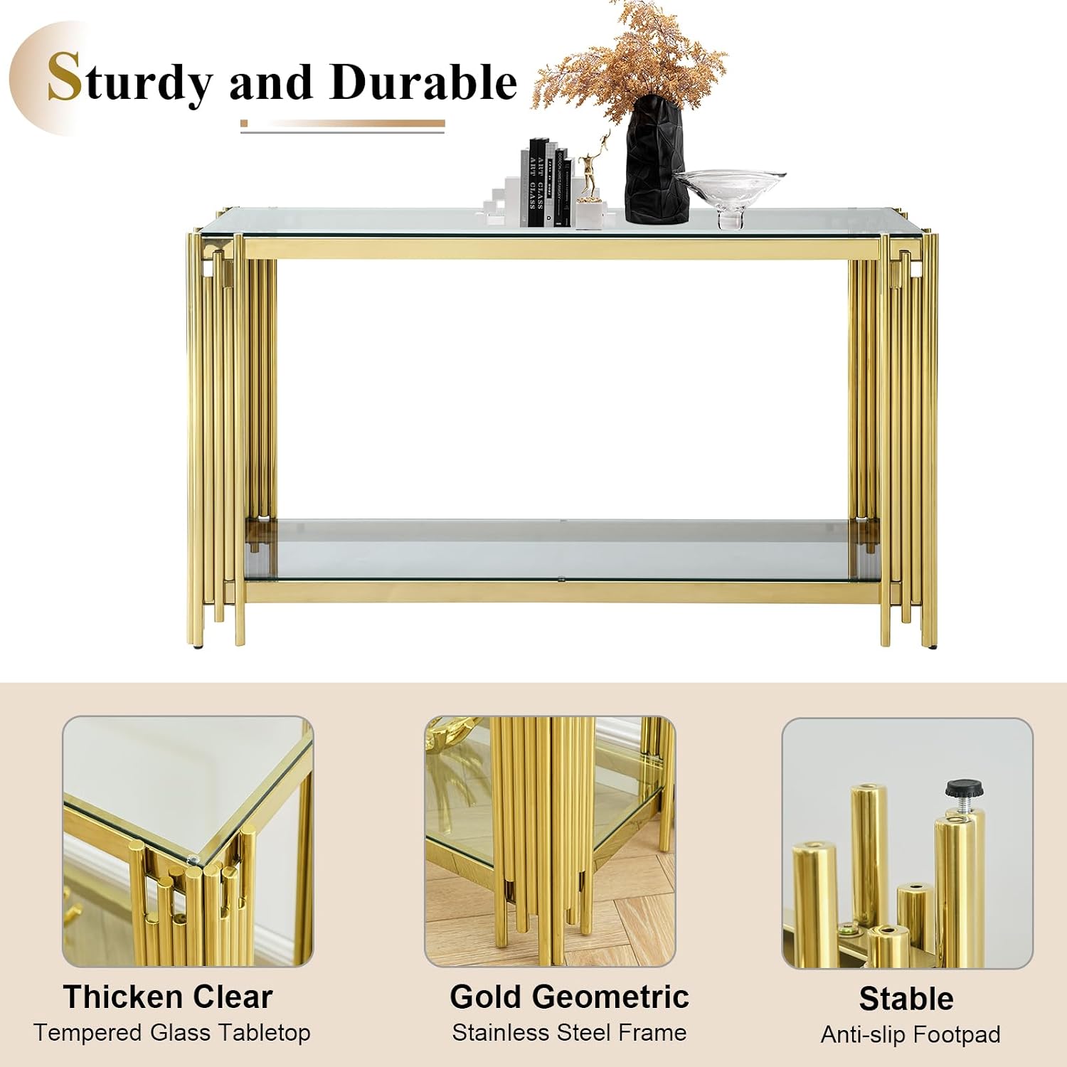 Modern Gold Glass Console Table, Luxury 55' Rectangular Sofa Table with Stainless Steel Frame, 2-Tier Console Entryway Table with Storage for Living Room Entrance Hallway