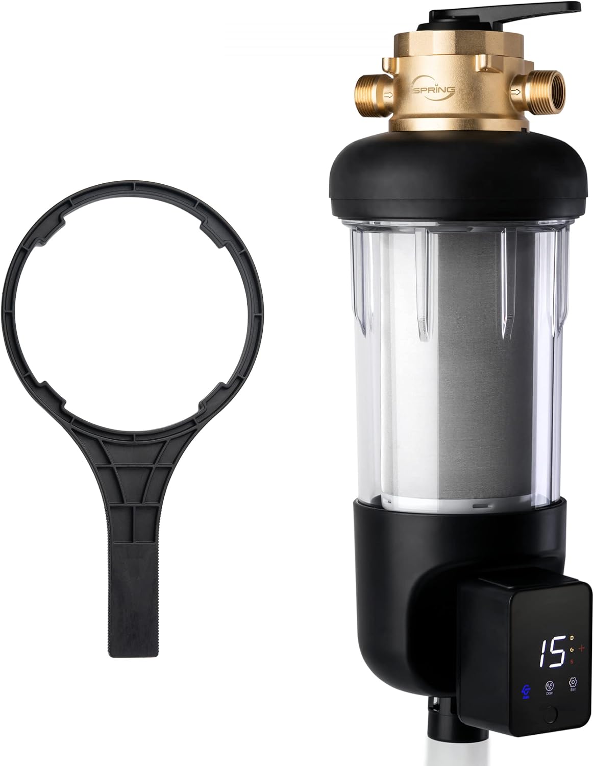 iSpring WSP200ARJ-BP Whole House Water Filter System Prefilter, Auto Flushing Spin Down Sediment Filter for Well Water, Integrated Bypass, 4-Mode Touch-Screen, Reusable, Jumbo Size, 200 Micron