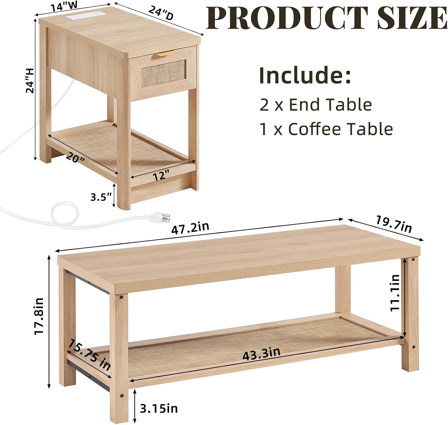 Lerliuo Boho Coffee Table Set of 3, Rattan Coffee and End Table Sets with Charging Station, Living Room Table Set with Open Shelf for Living Room, Natural Wood