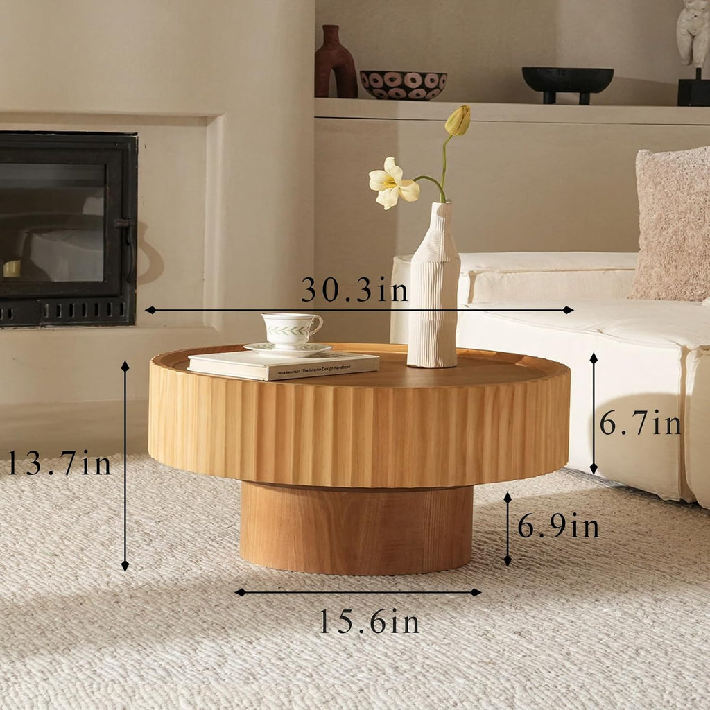 Round Coffee Table, 30.3in Modern Living Room Table, Fluted Drum Circle Tea Table with Storage, Accent Center Tables for Living Room, Apartment, Small Space (Nature Wood)