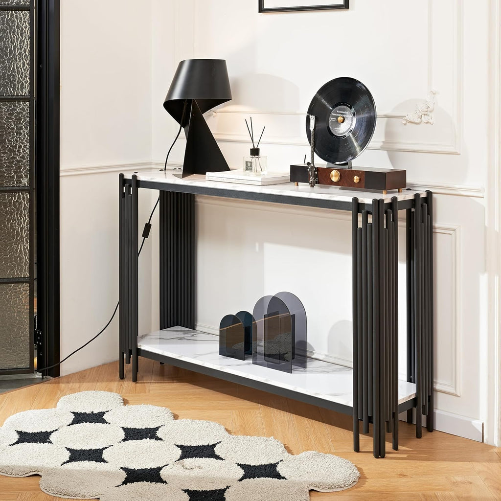 White Marble Coffee Table Set of 4, Faux Marble White Coffee Table, White Console Table and 2 End Tables with Chrome Metal I-Base, Luxury 4 Piece Living Room Table Set for Home Office