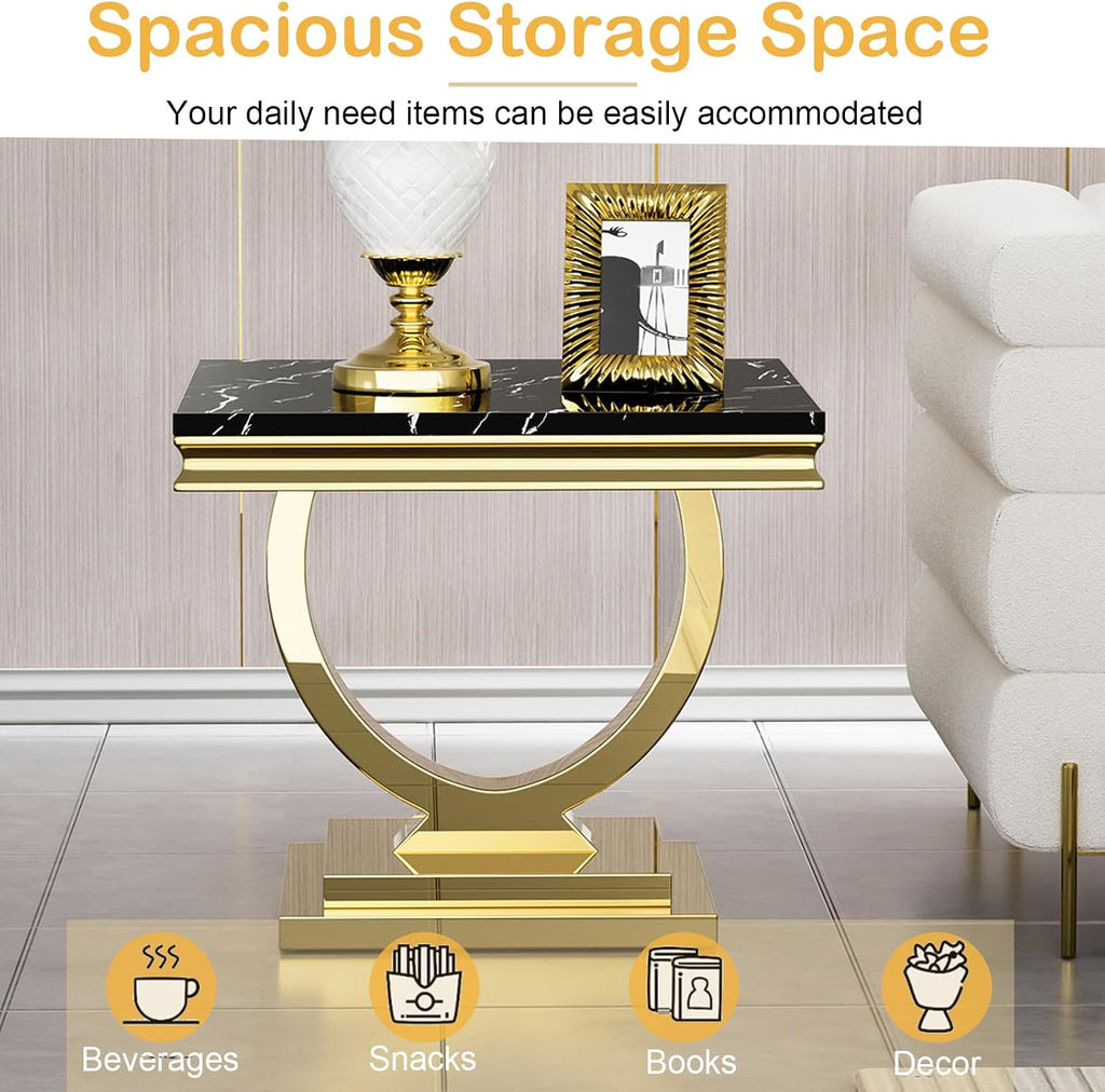 Modern Marble End Table,Luxury Black Faux Marble Side Table with Gold O-Shape Stainless Steel Base,Square End Table Bedside Table Lamp Table Nightstand for Living Room Bedroom