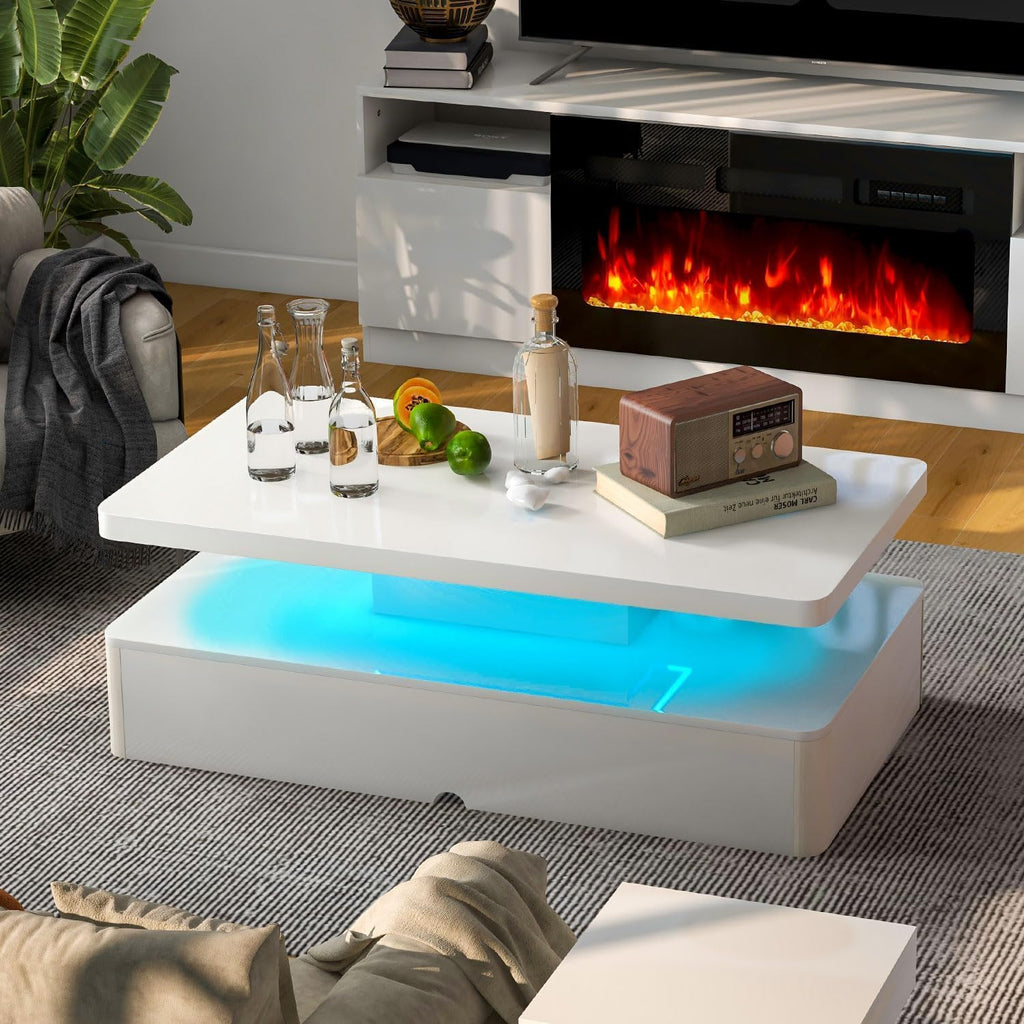 MXV 5-Piece Modern Table Set Includes 70' TV Stand with Fireplace, 40' Coffee Table, 6-Tier Bookcase and 2 End Tables with Charging Station, Living Room Table Sets in Distressed White