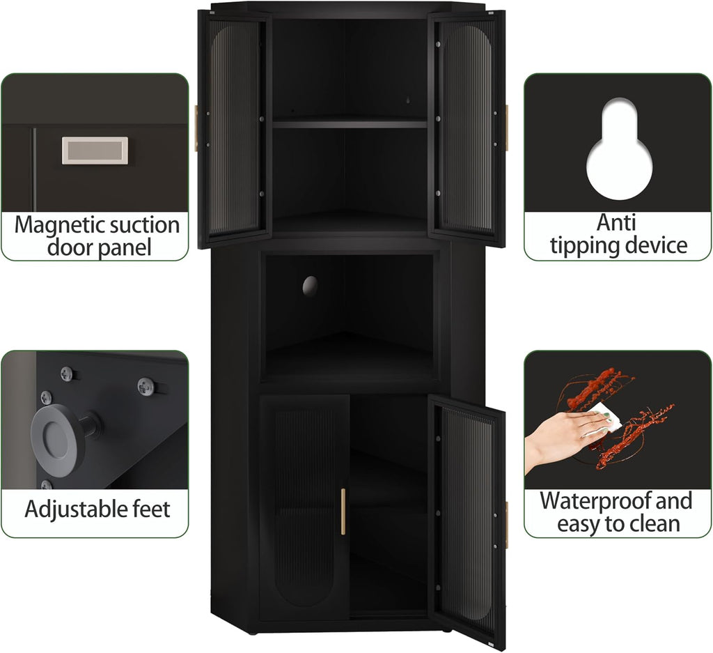 PAOFIN Metal Corner Cabinet, Side FreeStanding Storage Organizer Cabinet with Large Space and Shelves, Home Furniture for Multifunction in Living Room, Bathroom, Hallway, Kitchen, Bedroom, Black