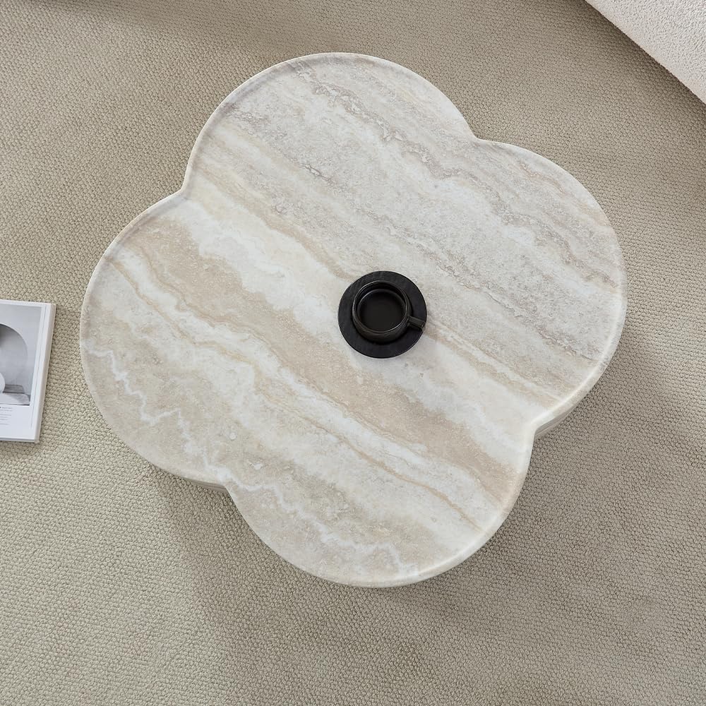 WILLIAMSPACE 31.5' Faux Marble Coffee Table with Four‑Leaf Clover-Shaped, Modern Mars-Pattern Fiberglass Faux Stone Center Table Accent Tea Table for Living Room, No Assembly (Beige)