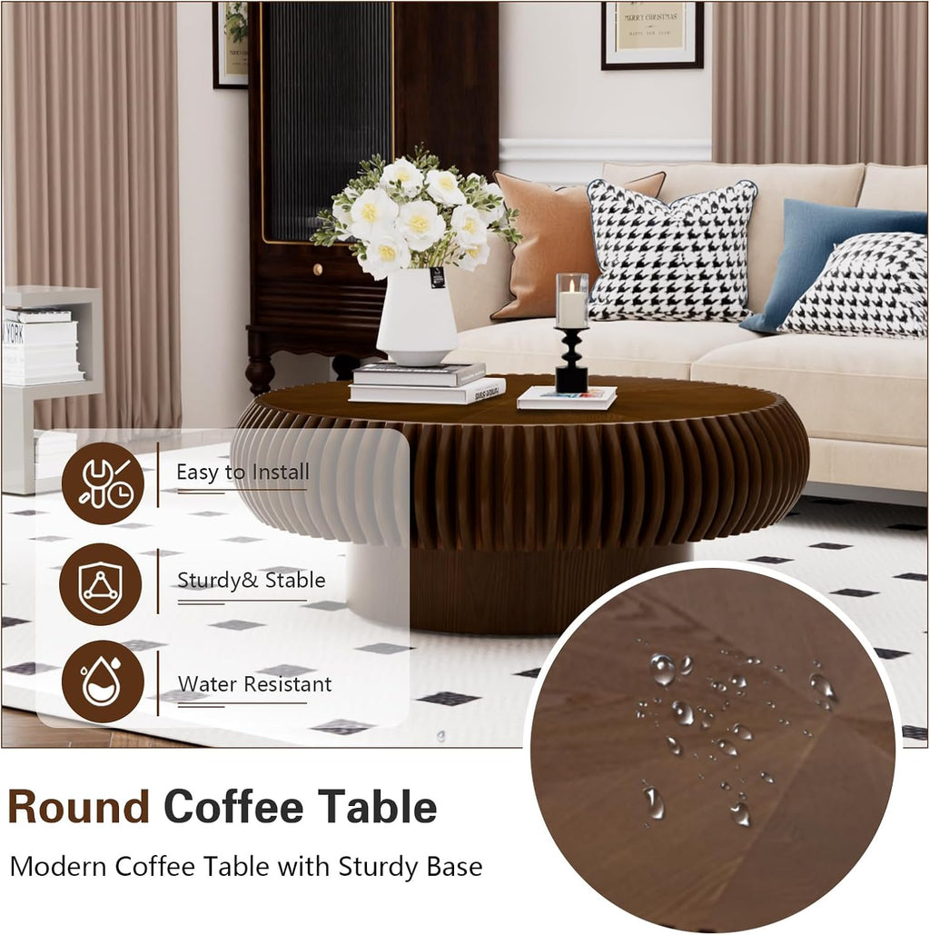 Round Drum Coffee Table Modern Coffee Tables Fluted Coffee Table Circle Center Table Pedestal End Table for Living Room Bedroom(31.5in Walnut)