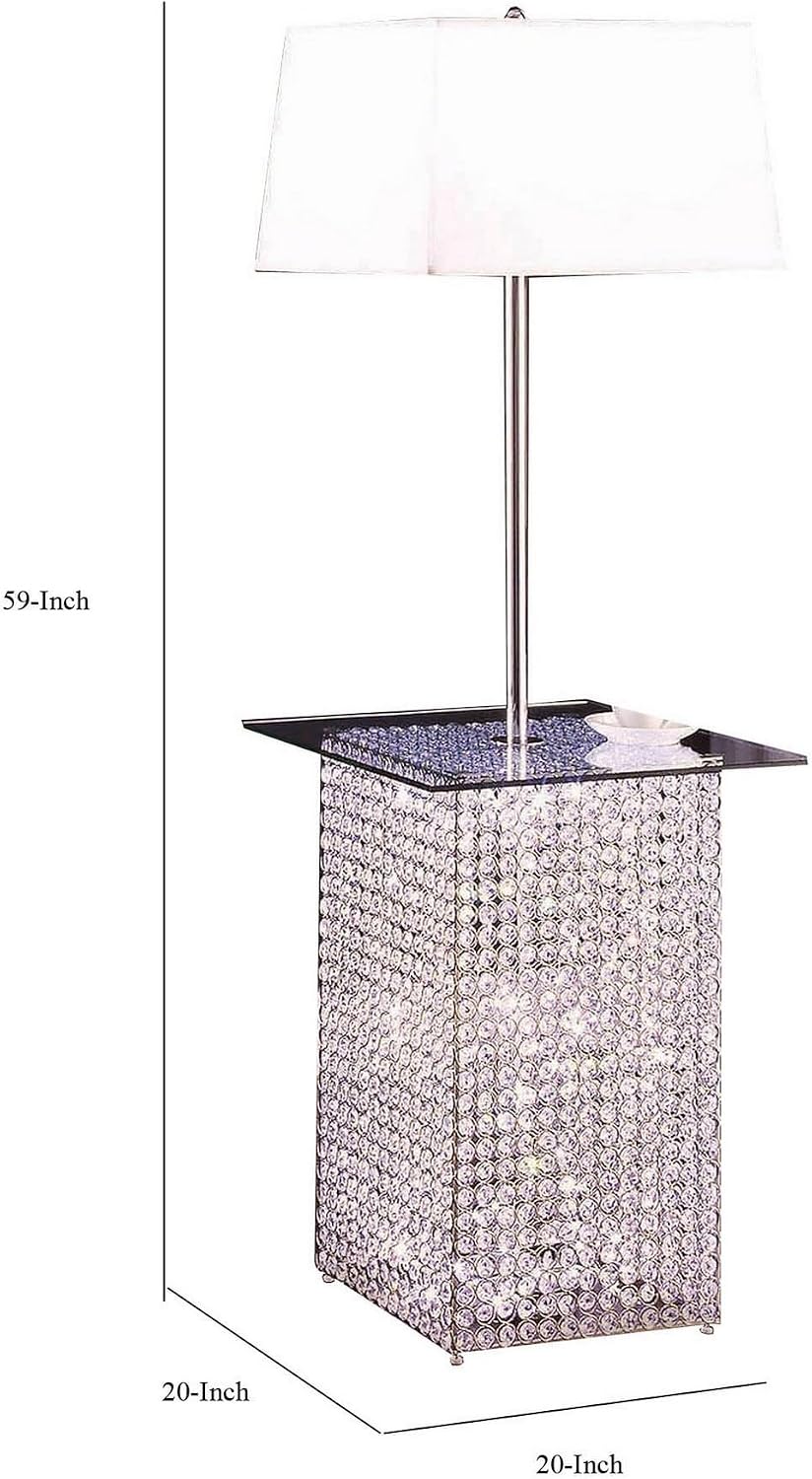 Benjara 59 Inch Floor Lamp with Glass Tabletop, Crystal Stand, Metal, White, Chrome and Clear