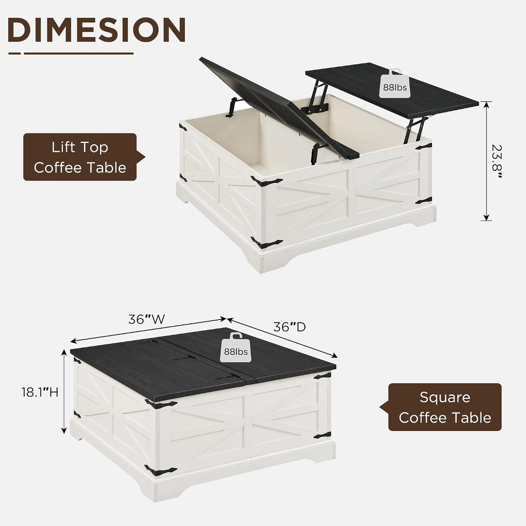 JXQTLINGMU 3-Piece Farmhouse Coffee Table and End Table Sets, Includeds 36' Lift Top Square Coffee Table w/Storage & 2 Rustic Wood End Tables w/Charging Station & Barn Doors for Living Room, White
