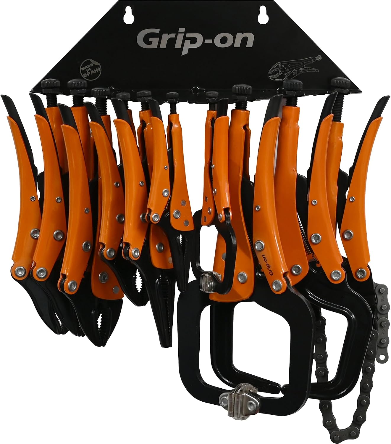 Grip-On 10 Piece Locking Pliers and Clamp Set | Straight & Curved Jaw, Long Nose, Wire Cutter, C-Clamp & Chain Clamp | Welding Pliers & Sheet Metal Tools with Storage Rack