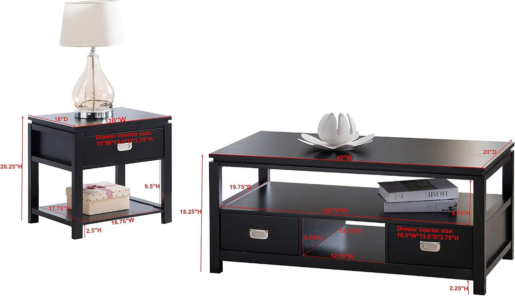 Kings Brand Furniture 3 Piece Black Finish Wood Storage Occasional Table Set, Coffee Table & 2 End Tables