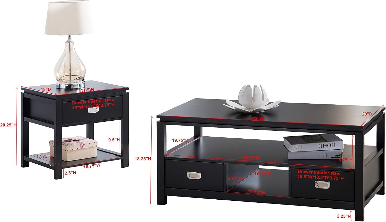 Kings Brand Furniture 3 Piece Black Finish Wood Storage Occasional Table Set, Coffee Table & 2 End Tables