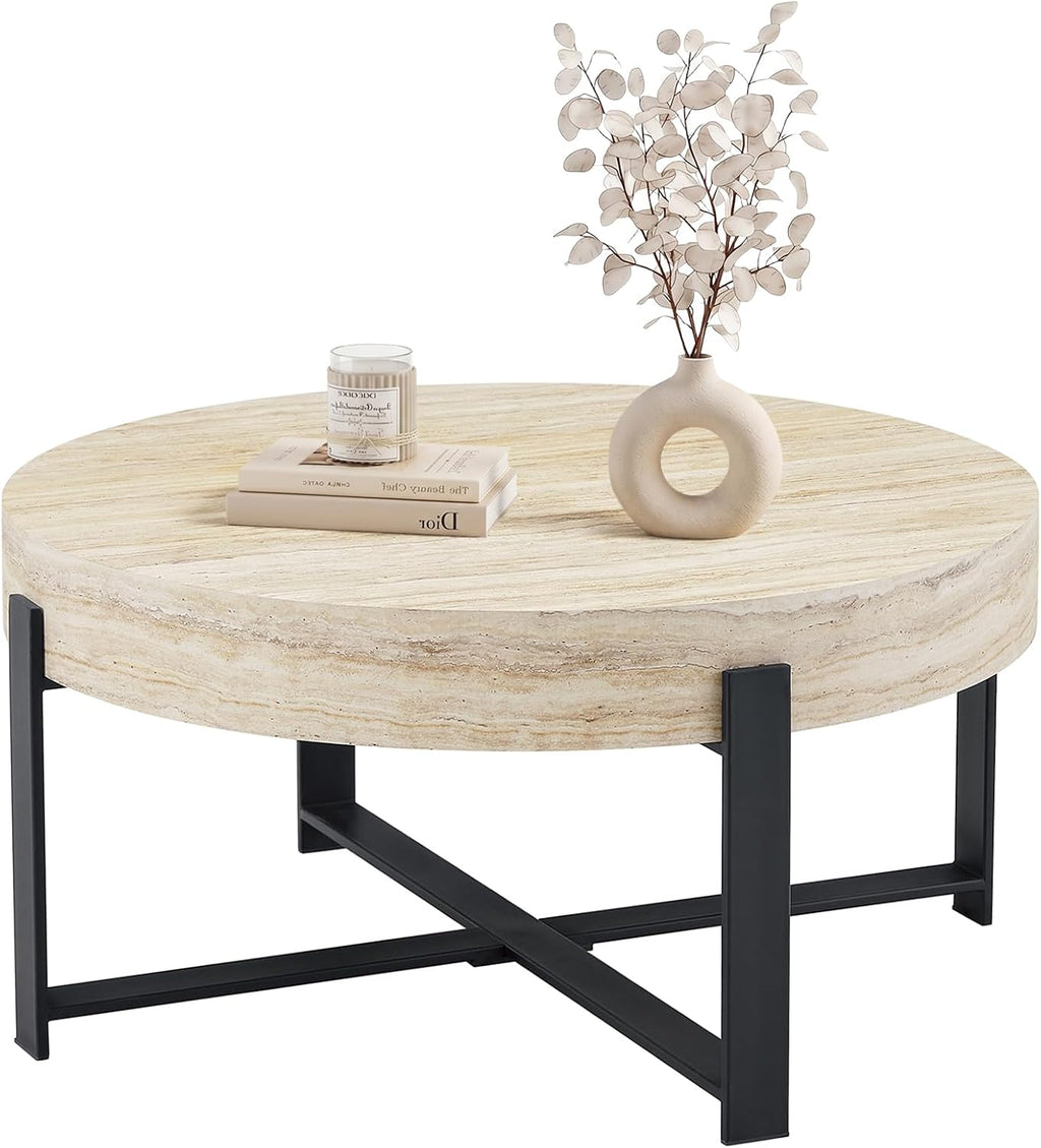 Round Coffee Table, Small Wood Coffee Table with Storage, Modern Wood Circle Table with Metal Frame, Round Accent Center Tables for Living Room Apartment Small Space