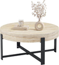 Round Coffee Table, Small Wood Coffee Table with Storage, Modern Wood Circle Table with Metal Frame, Round Accent Center Tables for Living Room Apartment Small Space