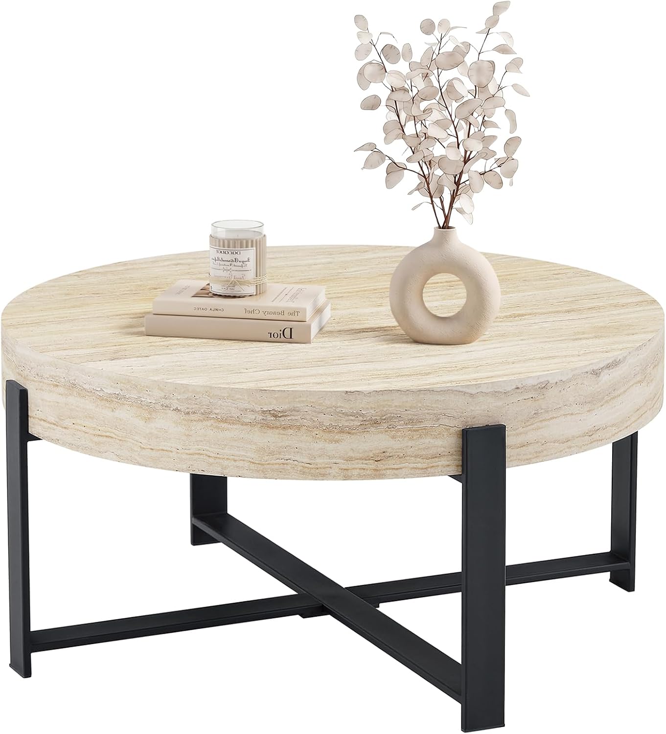 Round Coffee Table, Small Wood Coffee Table with Storage, Modern Wood Circle Table with Metal Frame, Round Accent Center Tables for Living Room Apartment Small Space