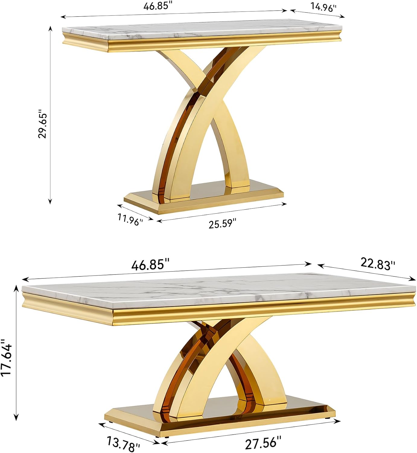 2-Piece Living Room Table Set, Faux Marble Coffee Table Set of 2 with X-Shape Stainless Steel Base, White and Gold Coffee and Console Table Set, Modern Home Living Furniture