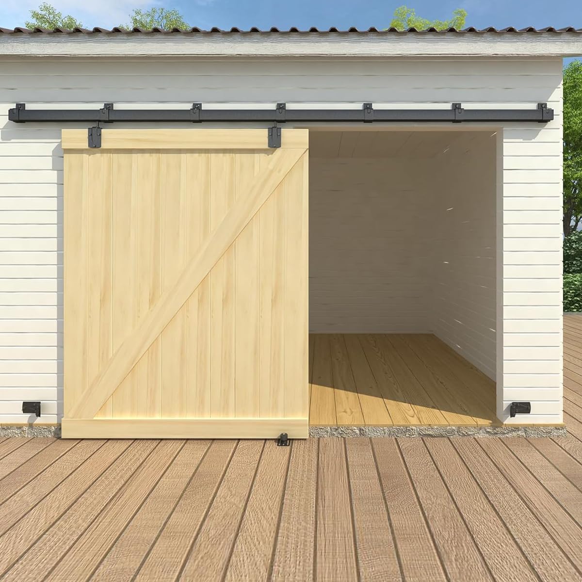10FT Black Box Rail Exterior Barn Door Hardware Kit, Sliding Heavy Duty Barn Door Track, Wall Mount Barn Door Hardware with 5 Track Brackets(Doors NOT Include