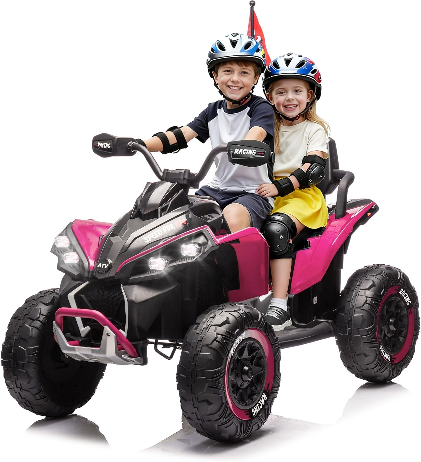 XL 2-Seater Kids Ride on ATV 24V Ride on Toys for Big Kids W/Parents Control, High Chassis, 4-Wheel Shock Absorber, Authentic Off-Road Kid's ATV Car with Music, Lights, Bluetooth, Pink
