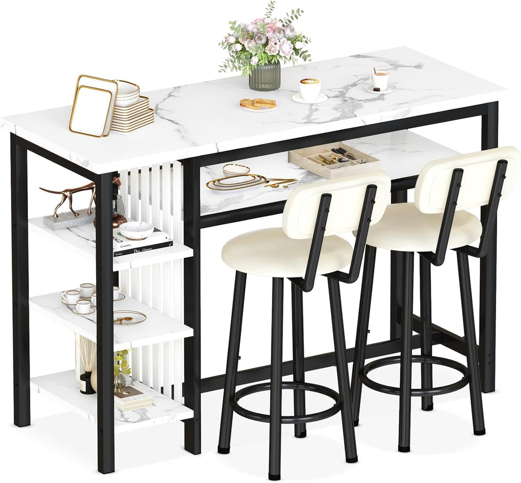 AWQM 3-Piece Bar Table and Chairs Set, Modern White Faux Marble Table with 2 PU Cushion Bar Stools, Kitchen Counter with 3 Tier Storage Shelves, Space Saving Table for Home & Kitchen, Black Frame