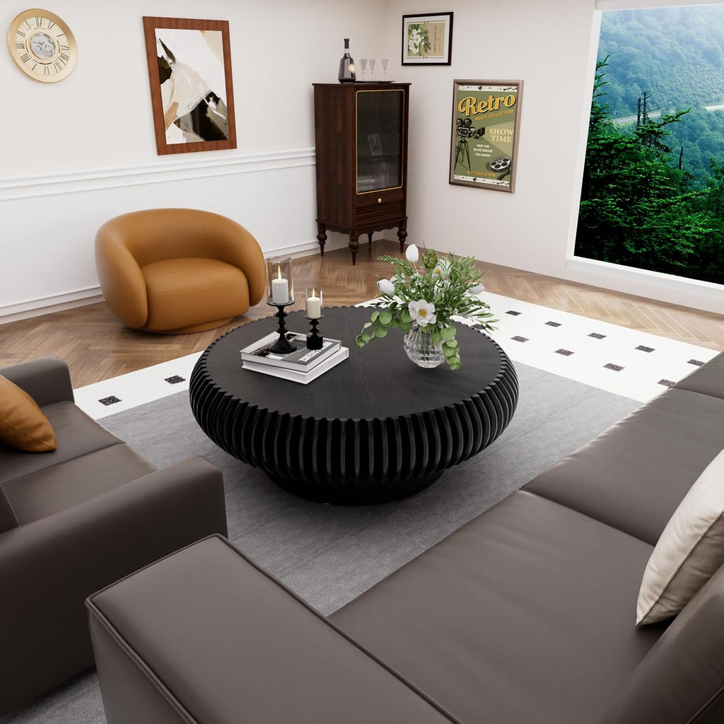 Round Coffee Table for Living Room Modern Black Fluted Coffee Table Round Drum Coffee Tables Low Circle Pedestal Center Table for Small Spaces (A Black, 31.4 in)