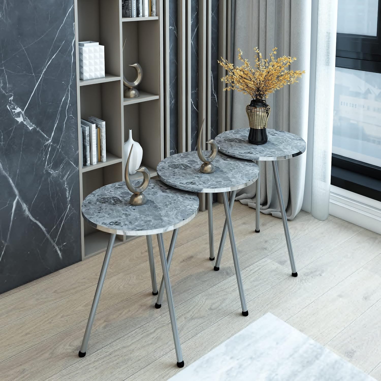 Set of 3 Nesting END Tables - Round Stacking Coffee Side Tables for Small Spaces, Nightstand Bedside Table for Living Room, Bedroom, Living Room, Balcony, NO-Tools Assembly (Gray Marble/Silver)