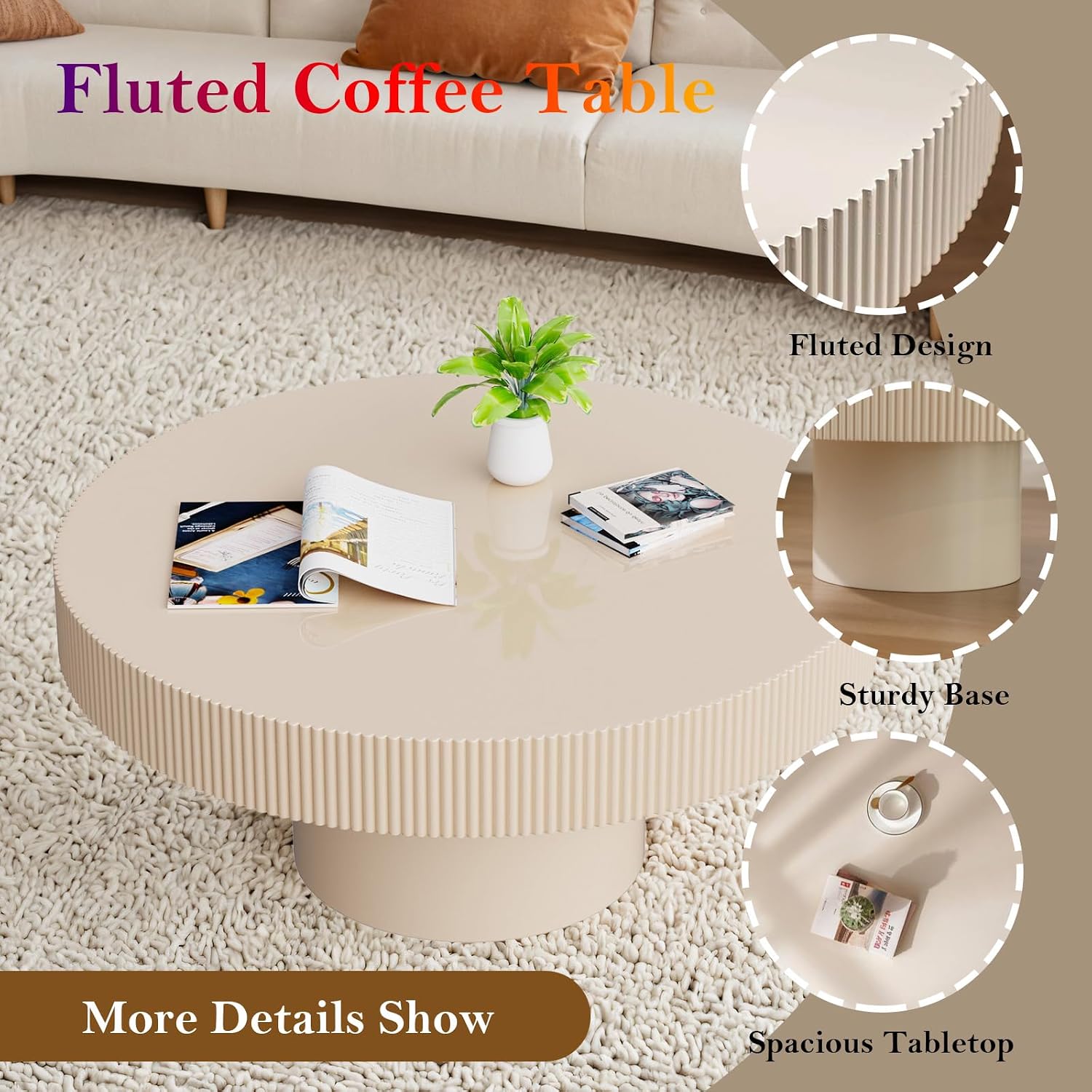 Round Fluted Coffee Table Rustic Circular Pedestal Center Table with Circle Thin Tabletop & Sturdy Base for Living Room Reception Room Study Farmhouse (Lvory White Thin 30.71in)