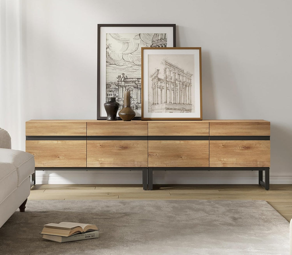 WAMPAT TV Stand and End Table Set of 3, Modern Living Room Table Sets, 70 Inch TV Stand and 2 End Tables with Drawers, Oak