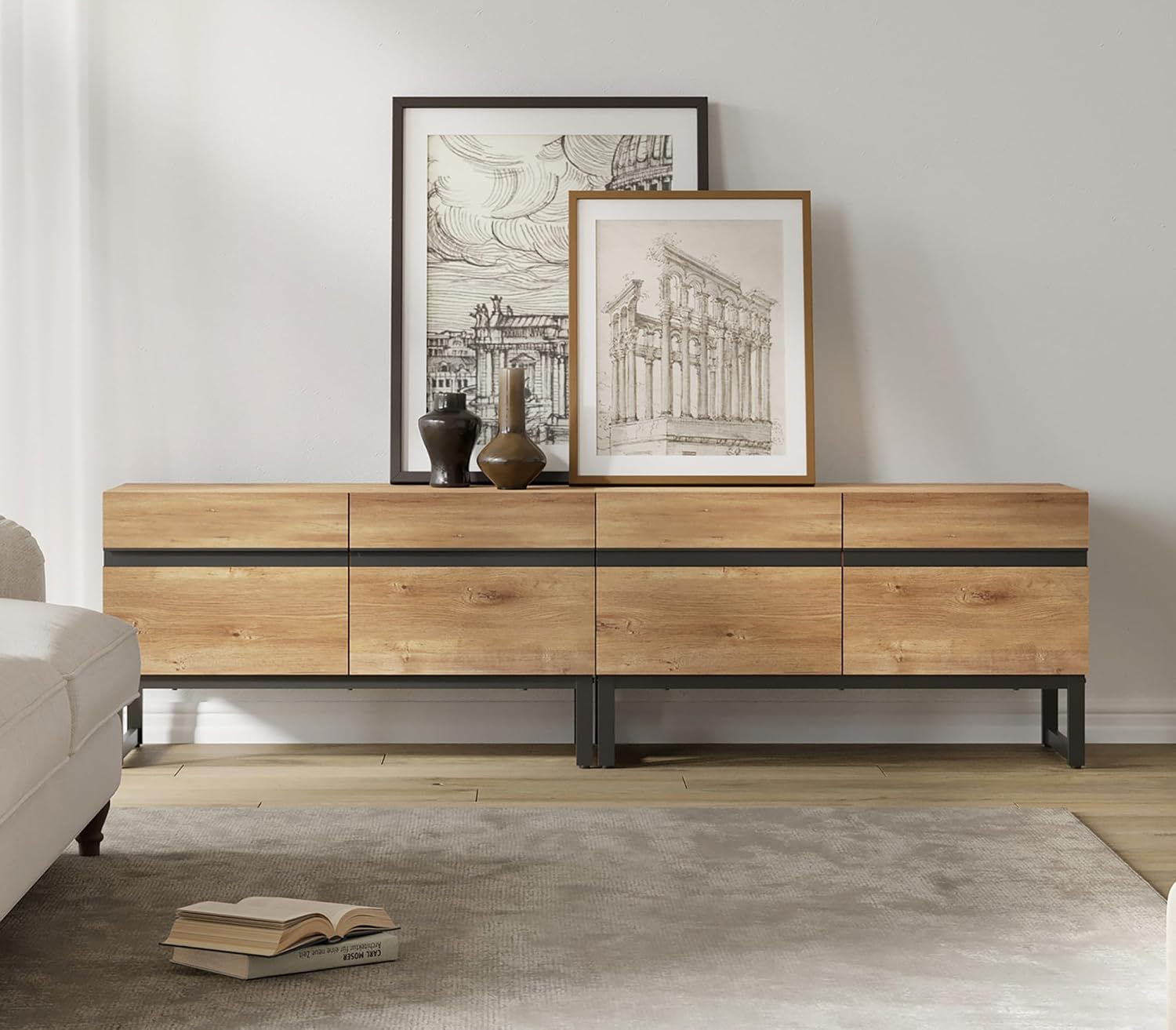 WAMPAT TV Stand and End Table Set of 3, Modern Living Room Table Sets, 70 Inch TV Stand and 2 End Tables with Drawers, Oak
